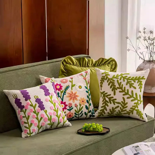 Flower Embroidered Throw Pillow Cover – Floral Cushion Cover for Boho Home Decor