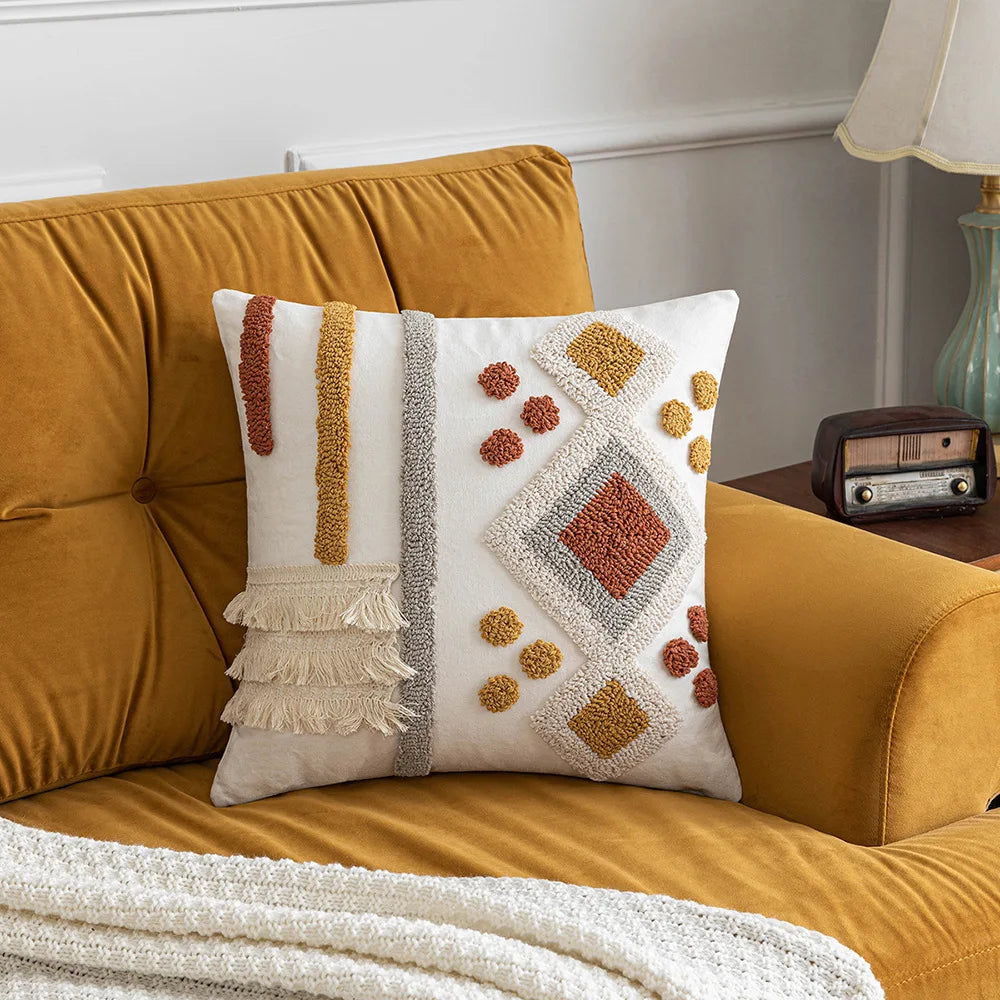 Boho Tufted Geometric Pillow Cover – Cotton Canvas Cushion Cover for Sofa, Bed & Home Decor