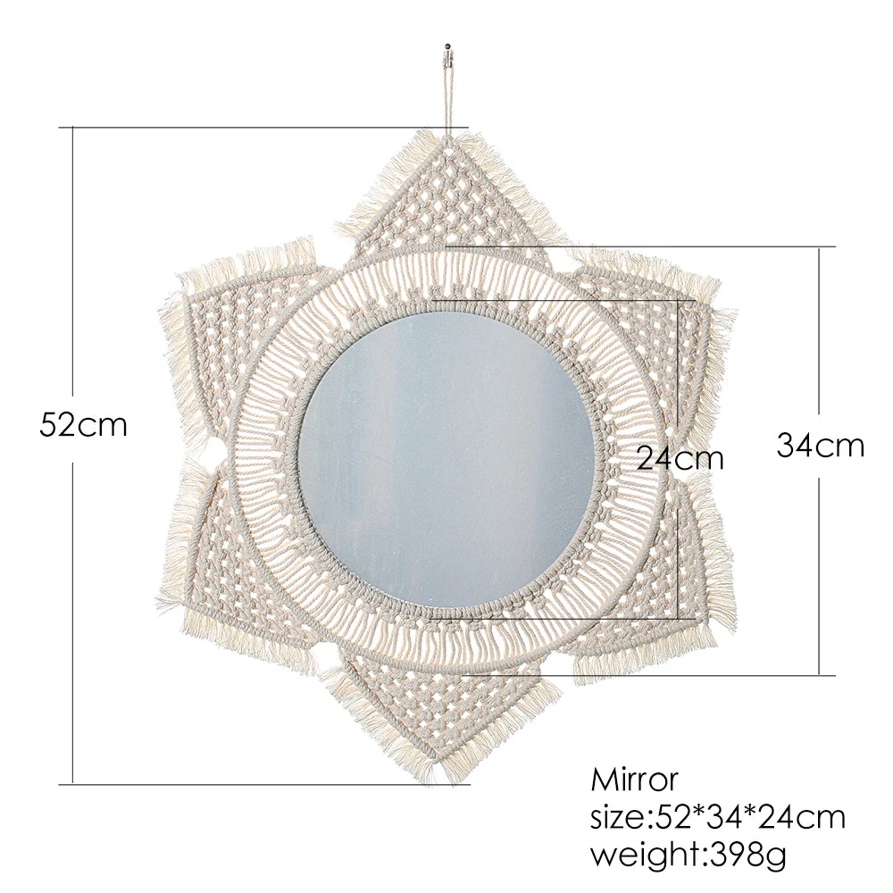 Wall Circle Mirror Macrame Boho Home Decor Mirrors for Bedroom Baby Room Decoration Nursery Sun Star Shaped