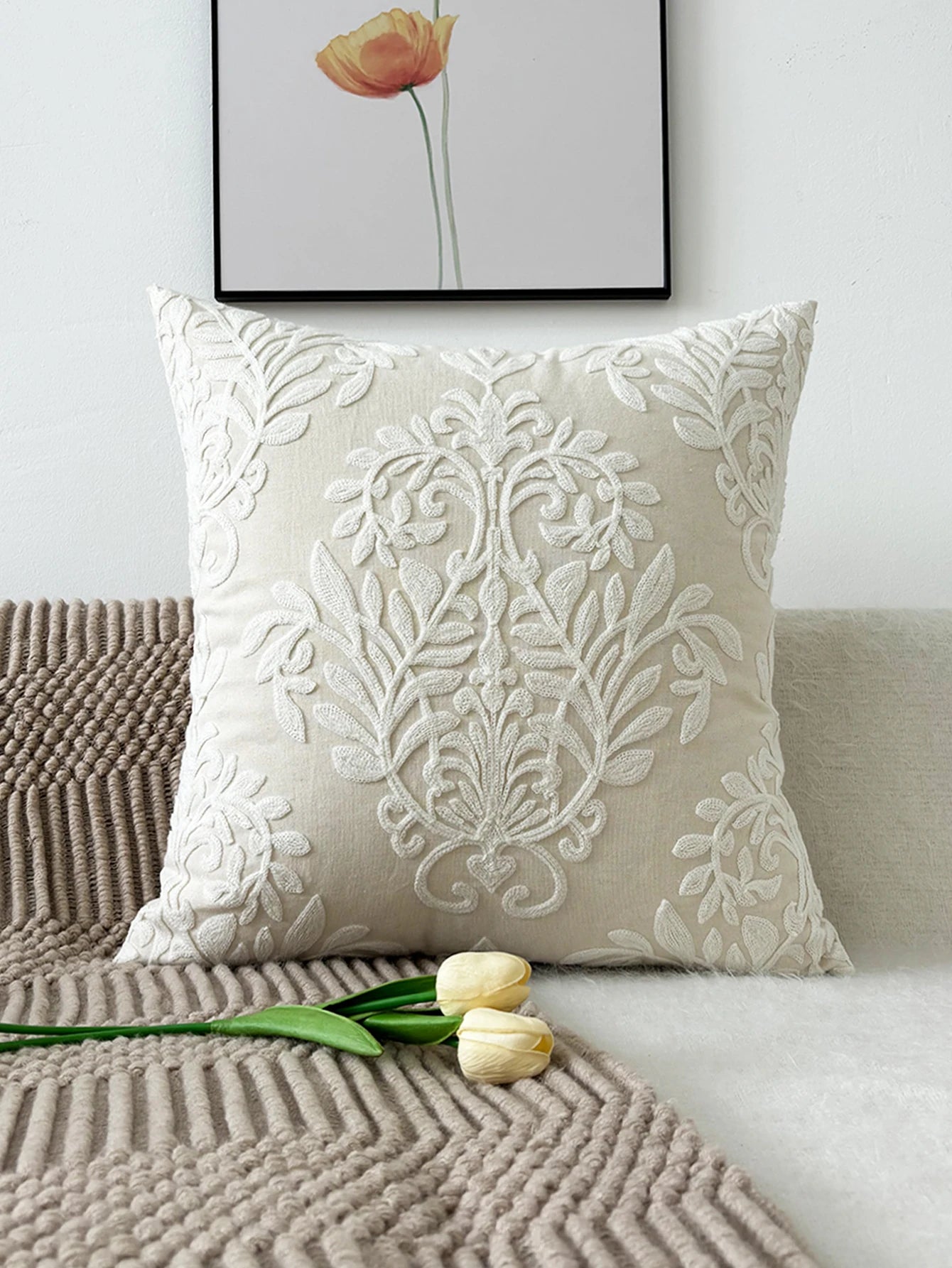Boho Embroidered Leaf Throw Pillow Cover – Decorative Cushion Case for Sofa | Boho Home Decor