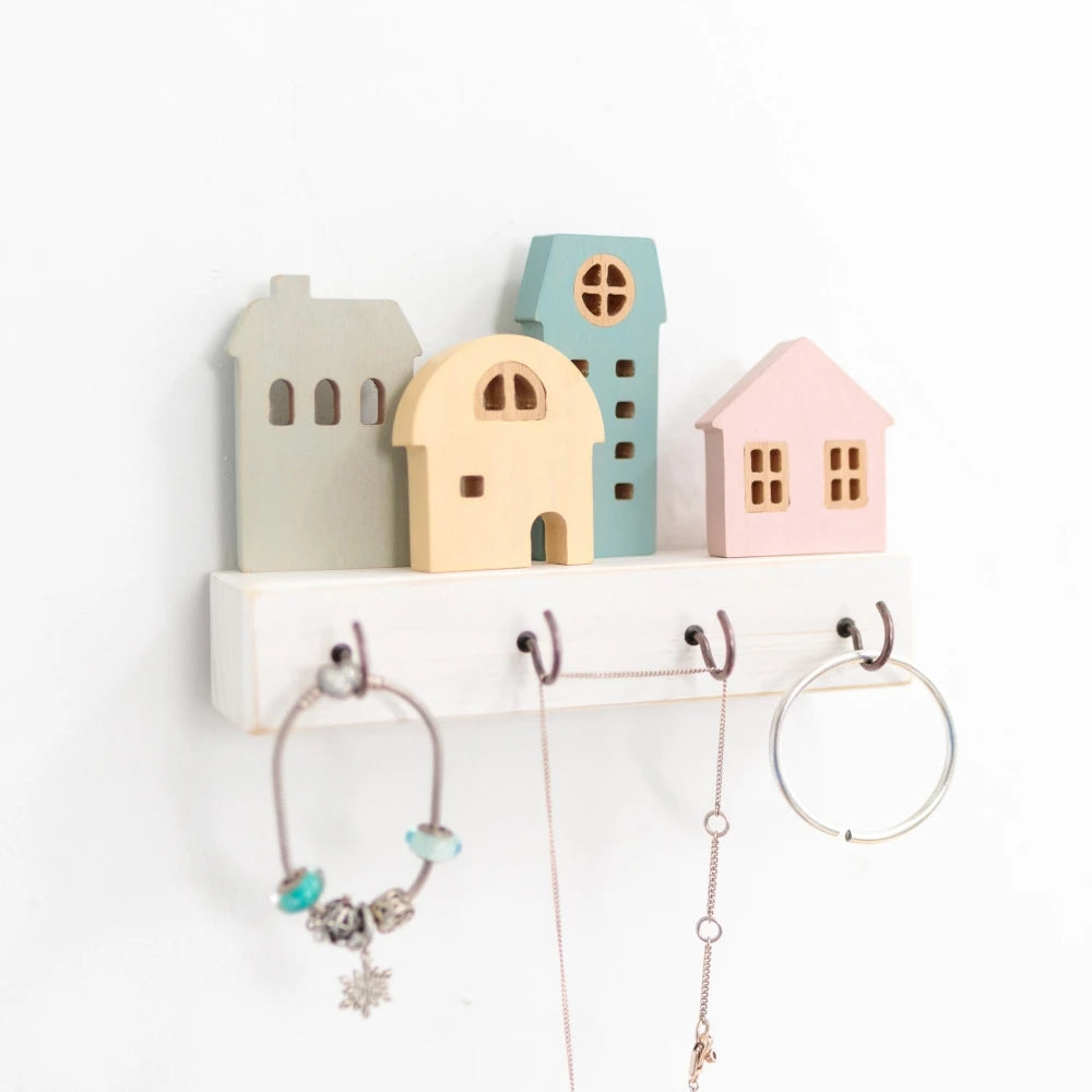 🏡 Fairytale Town Wall Hook Rack – Boho Wooden Key Holder & Decorative Village Scene Organizer
