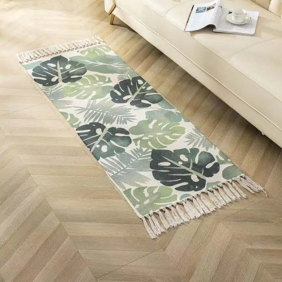 Boho Cotton Leaf Woven Geometric Rug – Anti-Slip Floor Mat for Living Room, Bedroom & Entryway