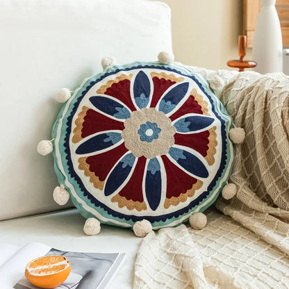 Boho Mandala Round Cushion Cover – Moroccan-Inspired Embroidered Throw Pillow Case for Boho Home Decor