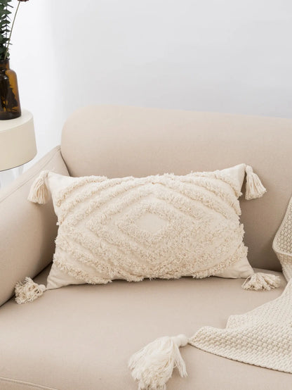 Beige Tufted Fringed Pillow Cover – Diamond Shaped Boho Home Decor Accent for Sofa, Bed & Living Room