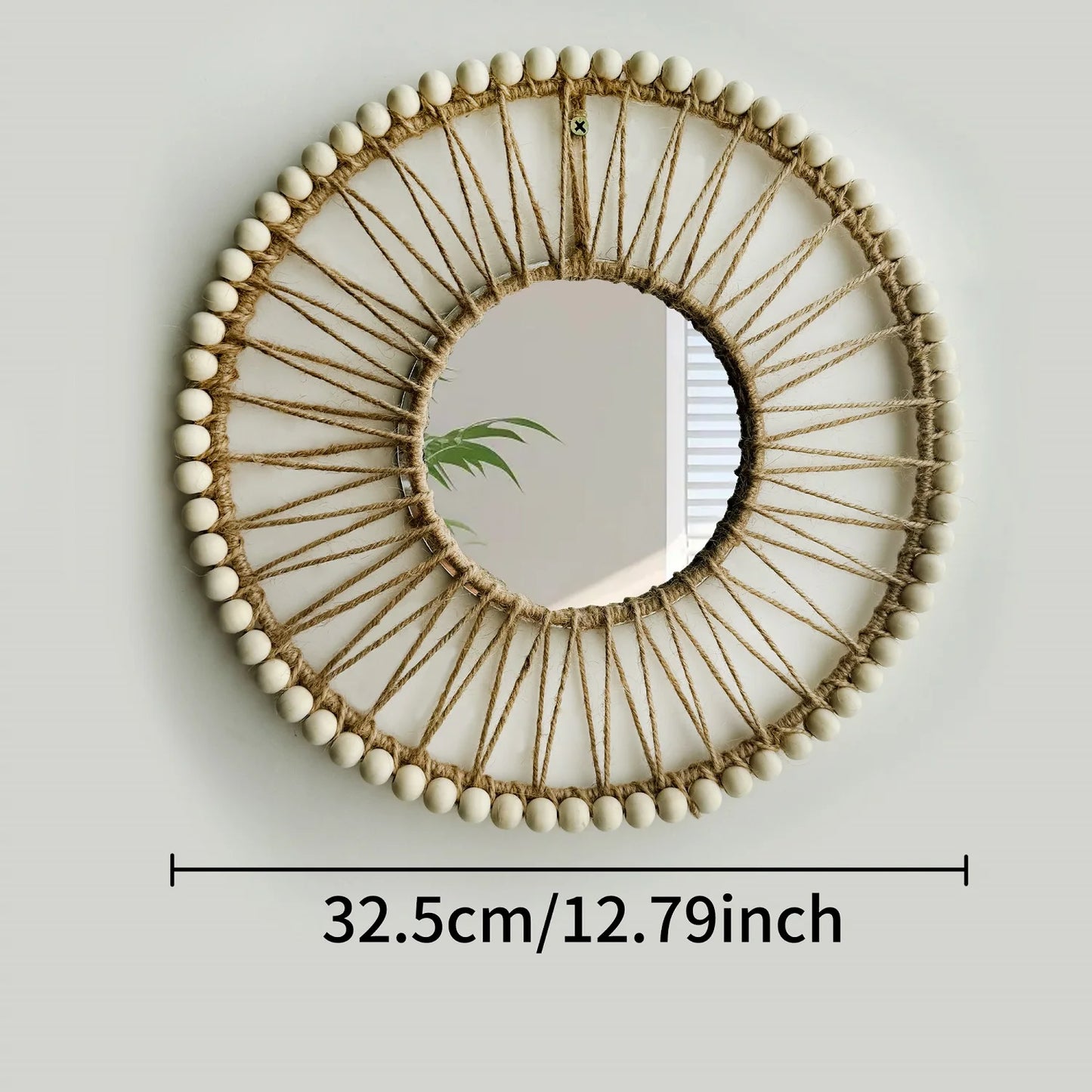 Round mirror with decorative frame and measurement text on a light background Hand-woven Nordic round decorative mirror with Lafite grass frame and hemp rope, boho wall hanging for living room, entryway, or bedroom decor