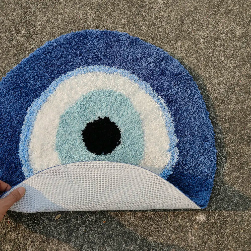 Round doormat with concentric circle pattern on a textured surface boho home decor, evil eye rug, tufted bathroom rug, fluffy circle rug, plush floor mat, round bath mat, anti-slip mat, dorm decor, Halloween decor, housewarming gift, bathroom accessories, bedroom rug, living room carpet
