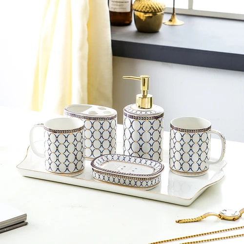 Ivory Porcelain & Gold-Plated Ceramic Bathroom Set – Pink Stripes