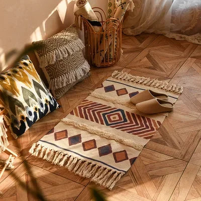 Bohemian Handwoven Tassel Rug – Vintage-Inspired Linen Accent for Home & Living Spaces - Rows of Flowers