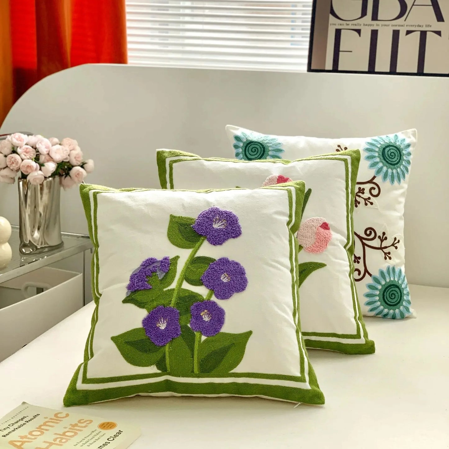 Flower Embroidered Plush Throw Pillow Cover – Minimalist Boho Cushion for Sofa, Bed, or Chair | 18x18 Inch | Garden-Inspired Housewarming Gift