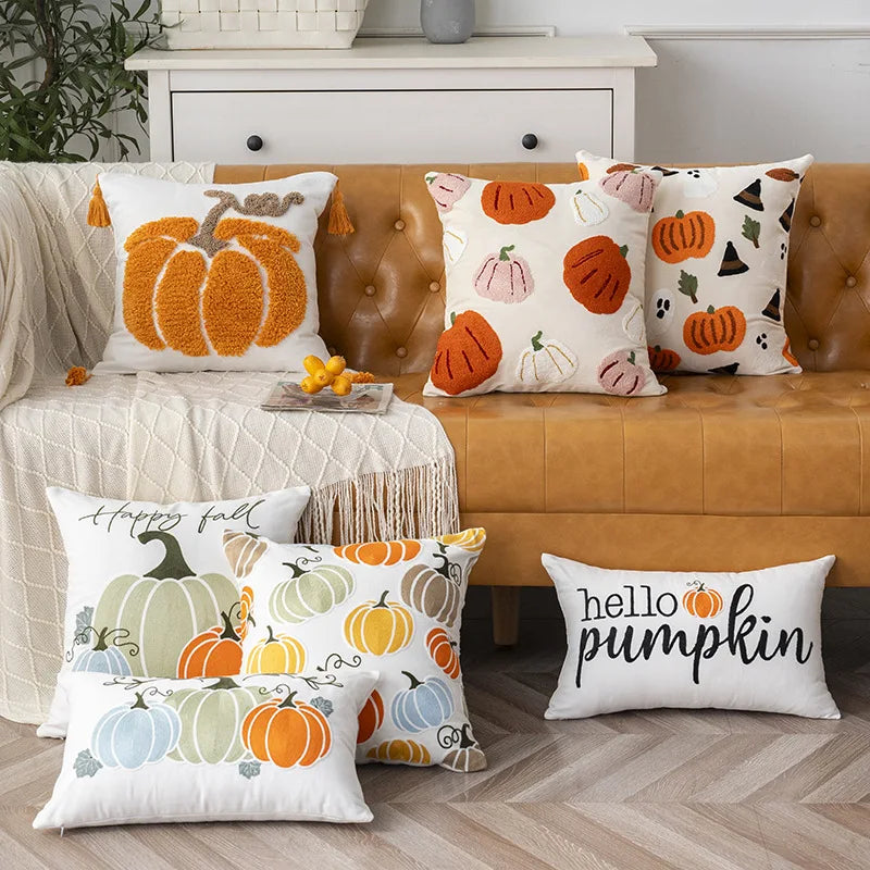 Embroidered Halloween Pumpkin Pillow Cover – Autumn Cushion for Sofa, Office & Home Decor