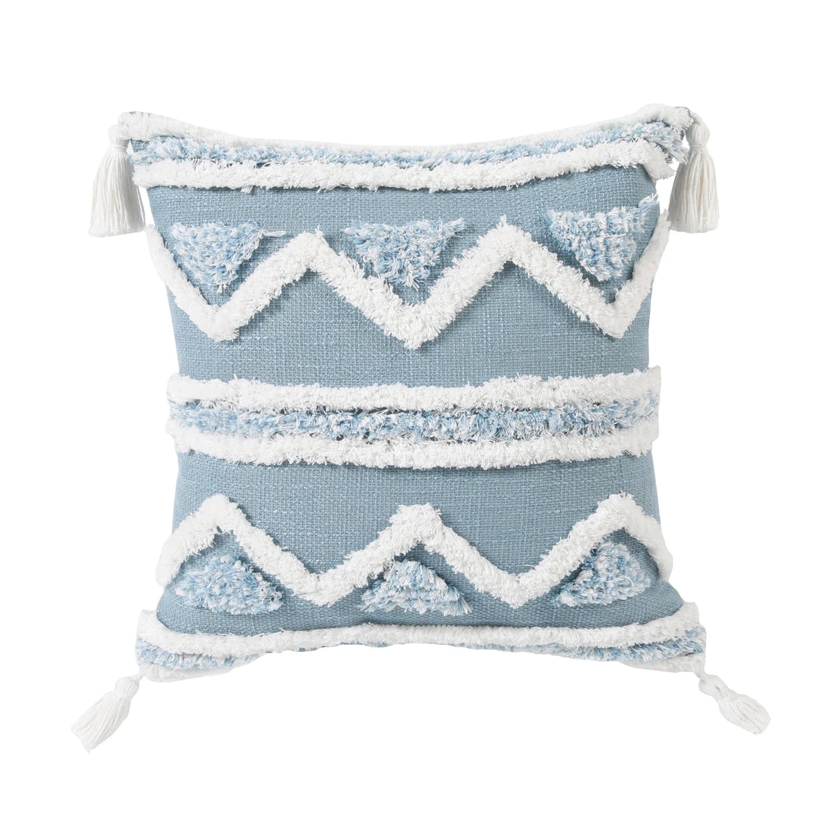Blue Geometric Tufted Pillow Cover with Tassels – Boho Home Decor Housewarming Gift Accent for Couch, Bed & Living Room