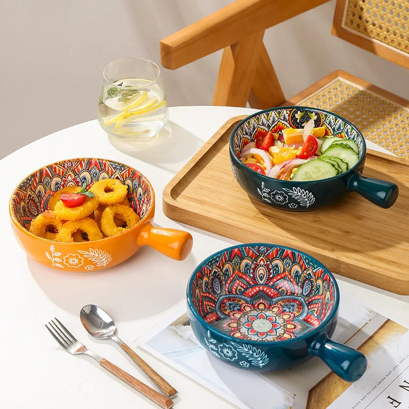 Bohemian Ceramic Single Handle Bowl – Artistic Bowl for Soups, Noodles & More