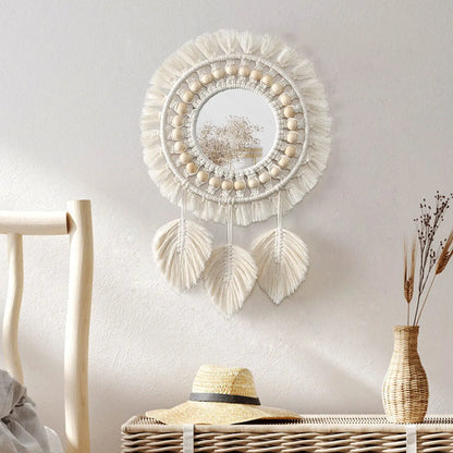 Boho Macrame Round Wall Mirror – Decorative Hanging Mirror for Bedroom & Living Room - Natural Knotted Sun