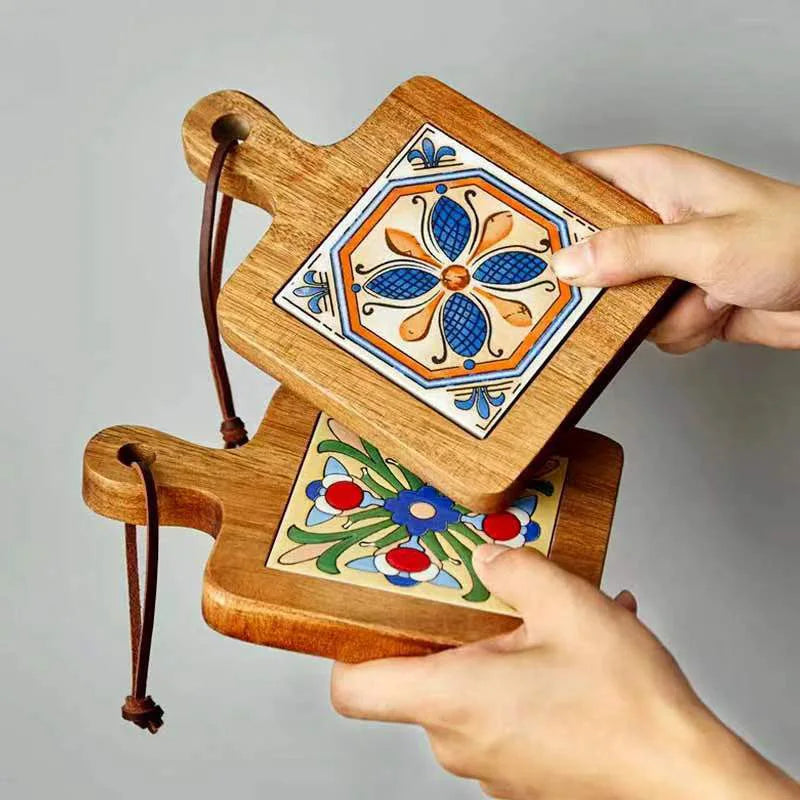 Retro Wooden Ceramic Pot Mat – Anti-Scald Trivet for Boho Home Decor