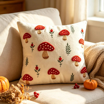 A square cream throw pillow with embroidered red mushrooms and green foliage, styled on a beige couch with autumn props like pumpkins and a knit blanket. Boho fall home decor.