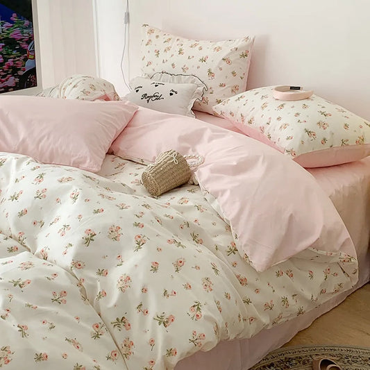 Pink Floral Boho Bedding Set – Soft Microfiber Duvet Cover, Flat Sheet & Pillowcases
