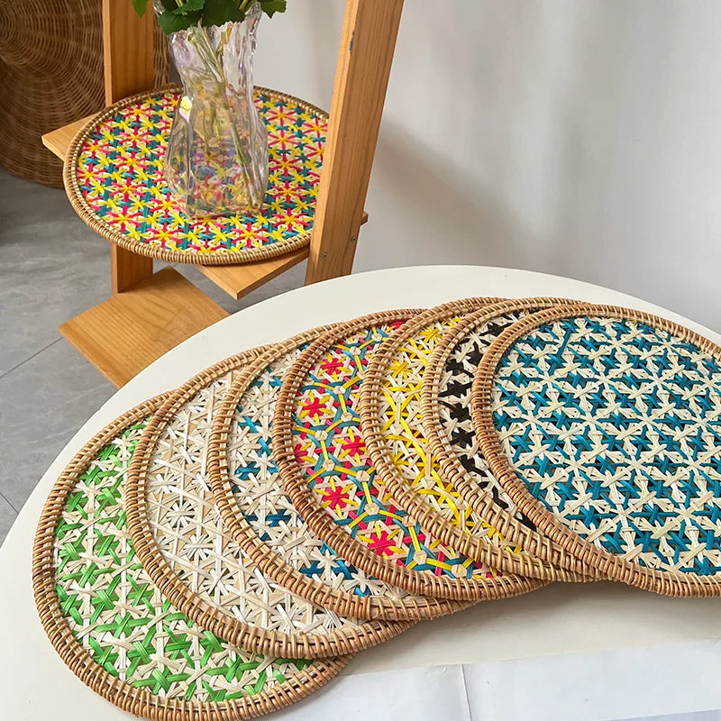 Hand-Woven Bamboo Boho Placemats – Round Rattan Table Mats for Rustic Kitchen