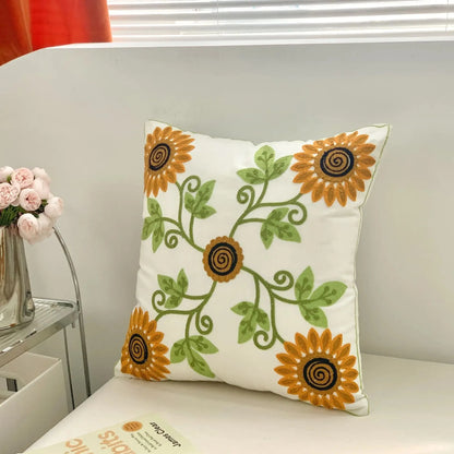 Flower Embroidered Plush Throw Pillow Cover – Minimalist Boho Cushion for Sofa, Bed, or Chair | 18x18 Inch | Garden-Inspired Housewarming Gift