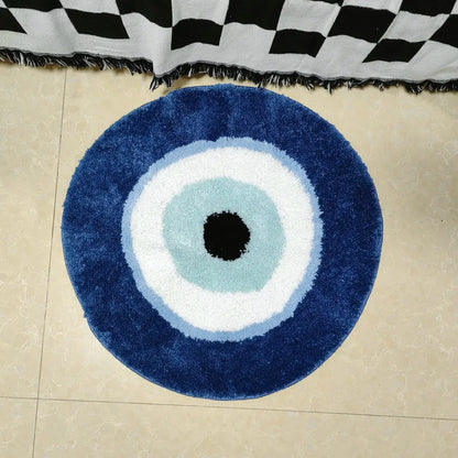 Round blue rug with concentric circles on a tiled floor boho home decor, evil eye rug, tufted bathroom rug, fluffy circle rug, plush floor mat, round bath mat, anti-slip mat, dorm decor, Halloween decor, housewarming gift, bathroom accessories, bedroom rug, living room carpet