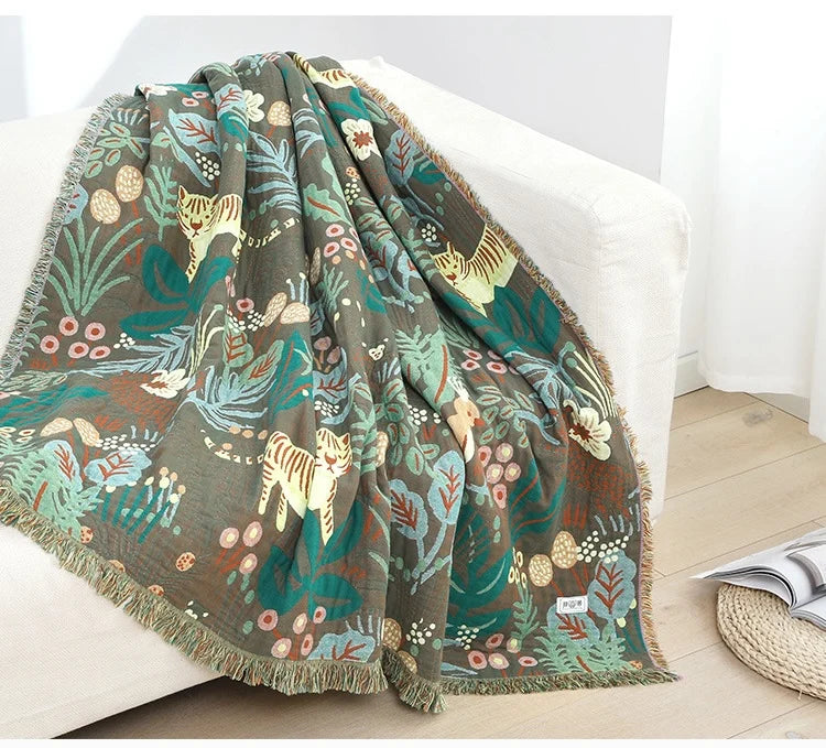 Jungle Tiger Cotton Gauze Blanket – 6-Layer Soft Throw Quilt for Sofa, Bed & Travel