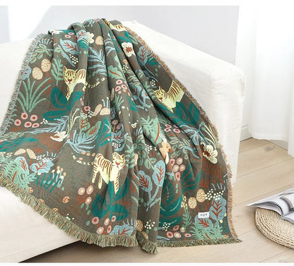 Jungle Tiger Cotton Gauze Blanket – 6-Layer Soft Throw Quilt for Sofa, Bed & Travel
