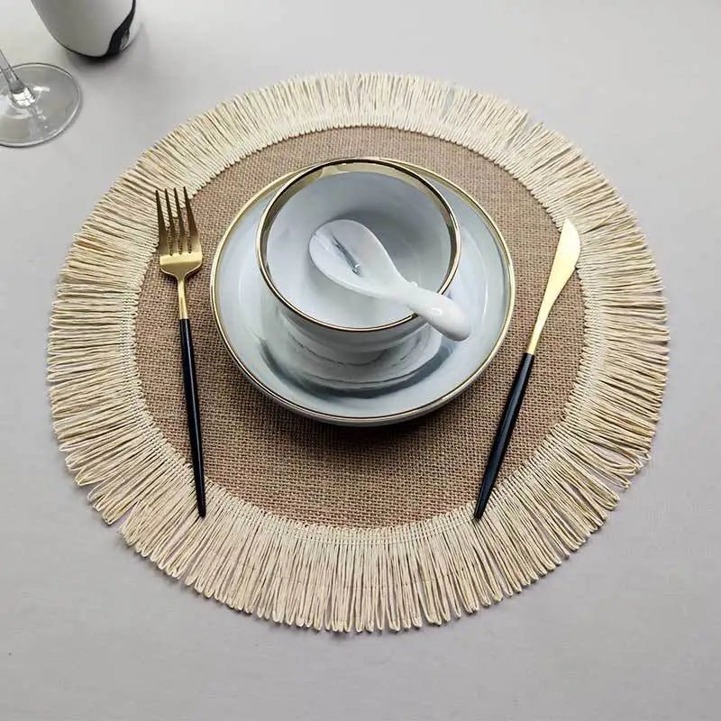 Boho Home Decor Hand-Woven Round Braided Placemats – Eco-Friendly Fringe Table Mats for Dining & Kitchen