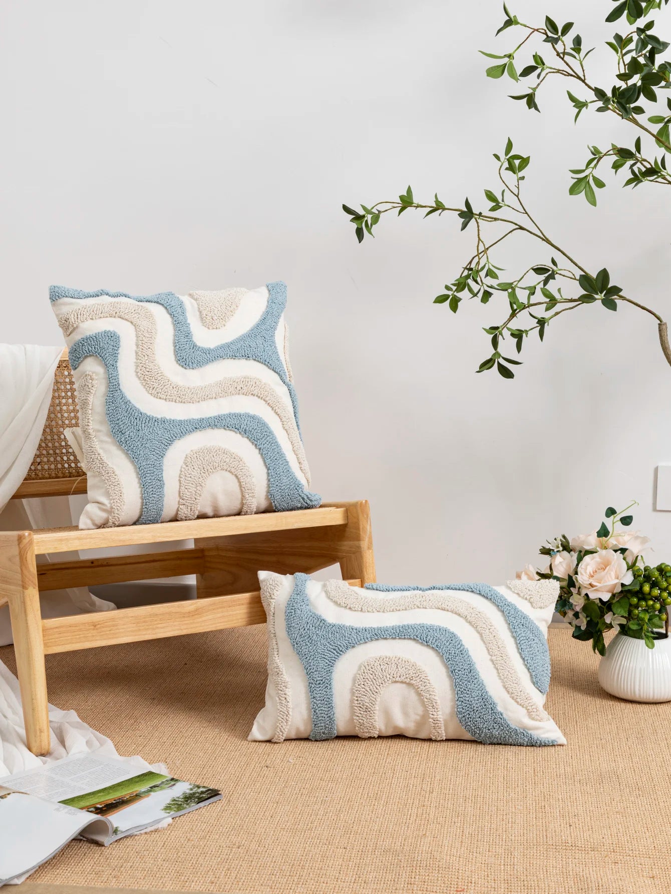 Blue & White Abstract Geometric Embroidery Pillow Cover – Boho Home Decor Accent