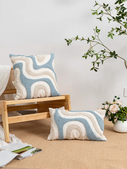 Blue & White Abstract Geometric Embroidery Pillow Cover – Boho Home Decor Accent