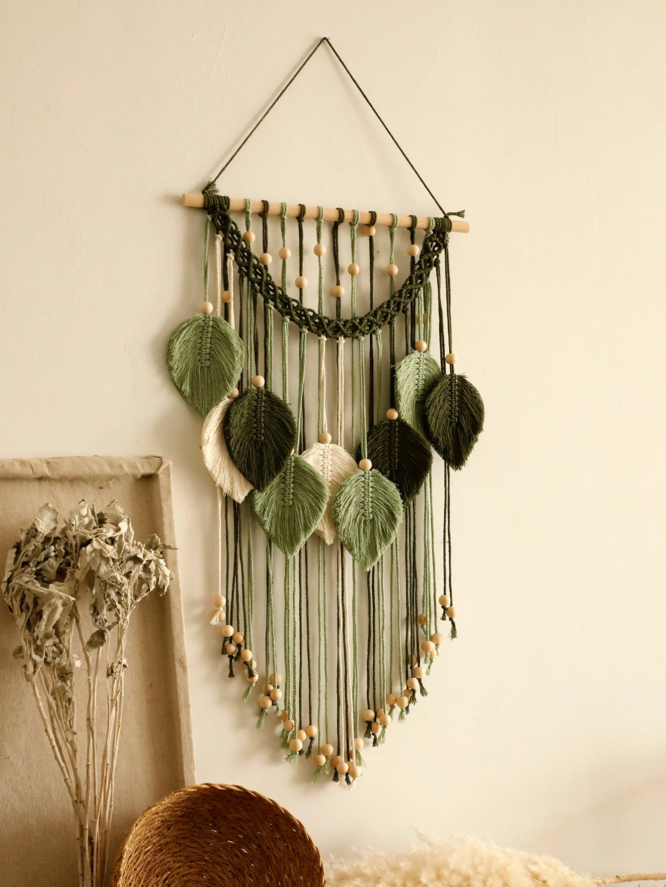 Leaf Macrame Wall Tapestry – Boho Cotton Wall Hanging in Green or Brown