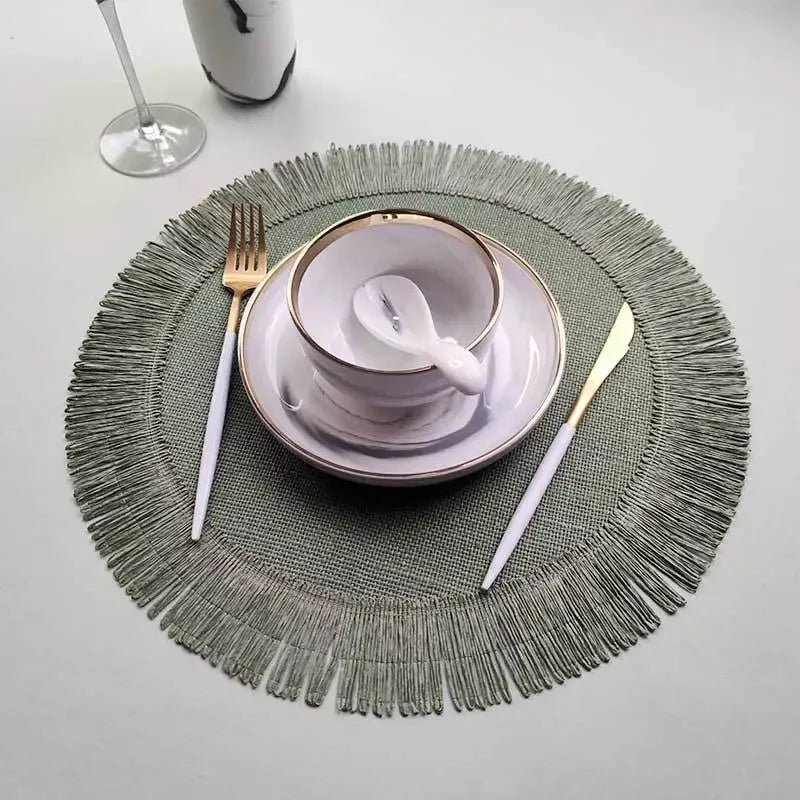 Boho Home Decor Hand-Woven Round Braided Placemats – Eco-Friendly Fringe Table Mats for Dining & Kitchen