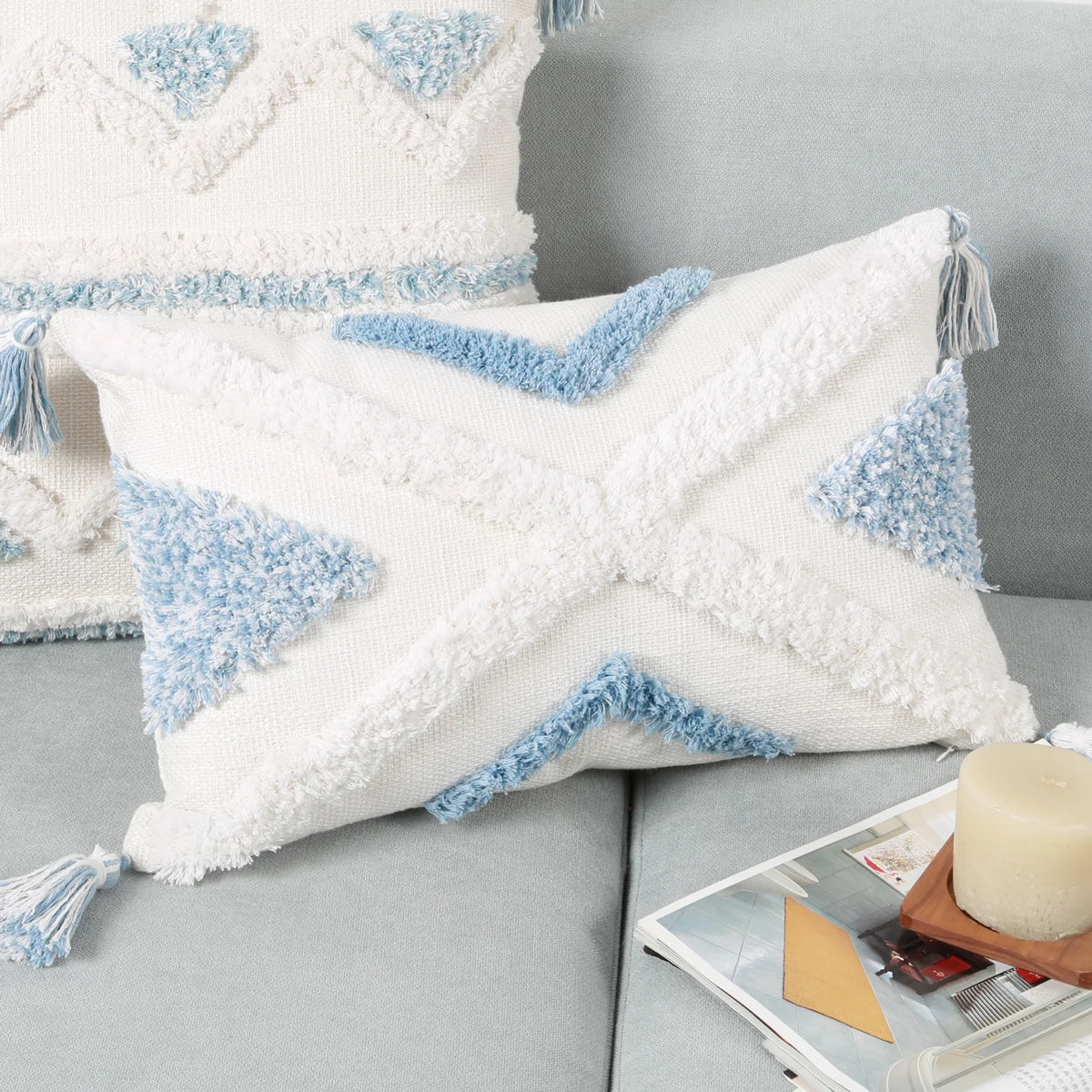 Blue Geometric Tufted Pillow Cover with Tassels – Boho Home Decor Housewarming Gift Accent for Couch, Bed & Living Room