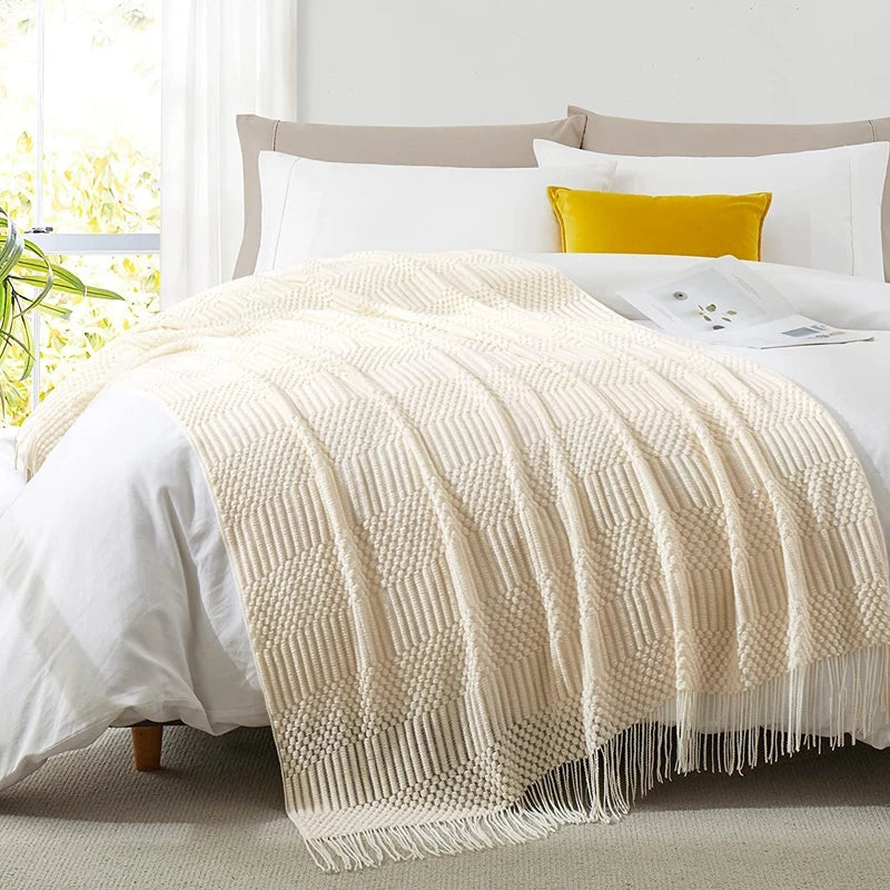 Soft Knit Boho Throw Blanket – Lightweight Acrylic Travel & Home Decor Accent with Fringe