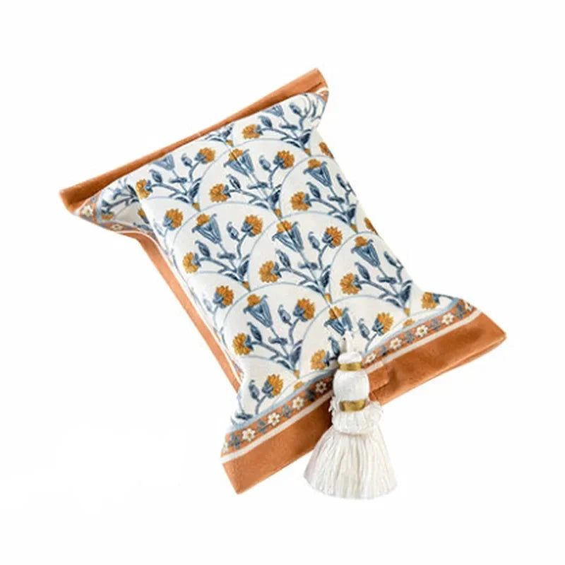 Decorative pillow with floral pattern and tassel on a white background boho home decor, reusable tissue bag, cotton tassel tissue holder, plush tissue organizer, bathroom tissue box cover, car tissue case, American style tissue pouch, soft fabric tissue holder, decorative tissue box, housewarming gift, eco-friendly storage