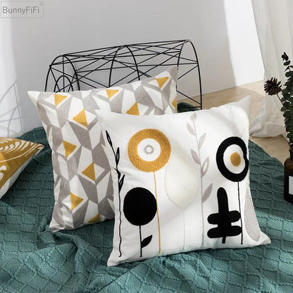 Abstract Shapes Cozy Embroidered Throw Pillow Cover – Nordic-Inspired Boho Home Decor Accent