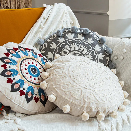 Boho Mandala Round Cushion Cover – Moroccan-Inspired Embroidered Throw Pillow Case for Boho Home Decor