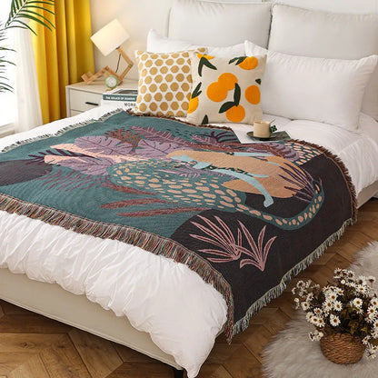 Boho Tassel Throw Blanket girl and leaves