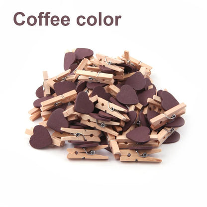Coffee-colored heart-shaped clothespins on a white background with 'Coffee color' text.