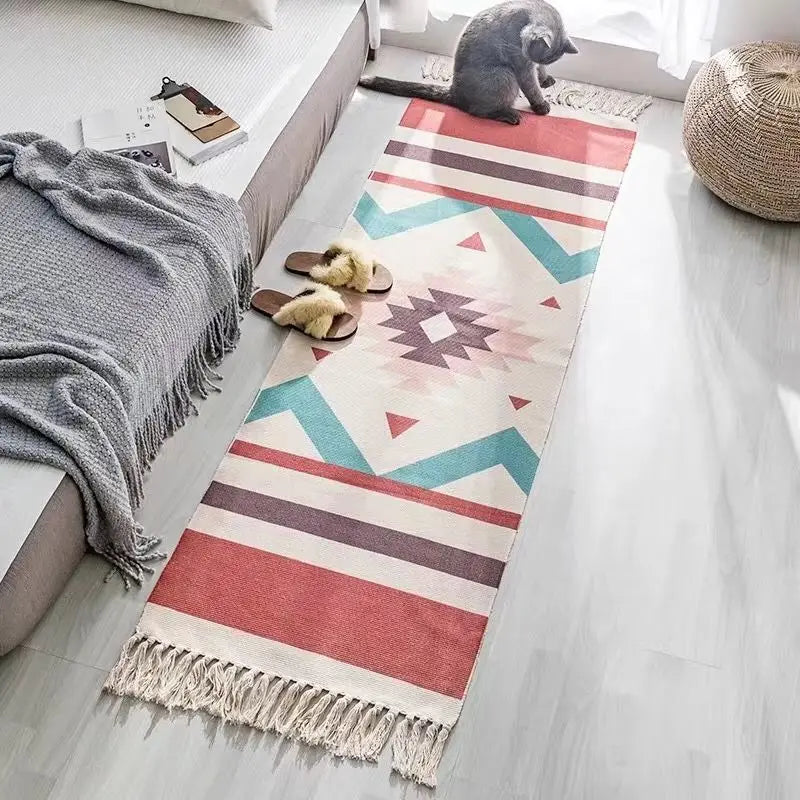 Boho Cotton Woven Geometric Rug – Anti-Slip Floor Mat for Living Room, Bedroom & Entryway