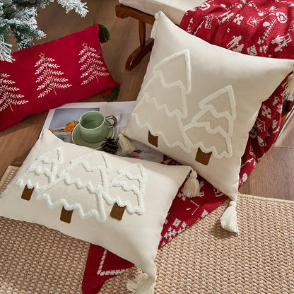 Decorative pillows with Christmas tree and gingerbread house patterns on a festive setting. tufted Christmas pillow cover with tassels, decorative festive cushion case for sofa or bed in 12x20 or 18x18 inches