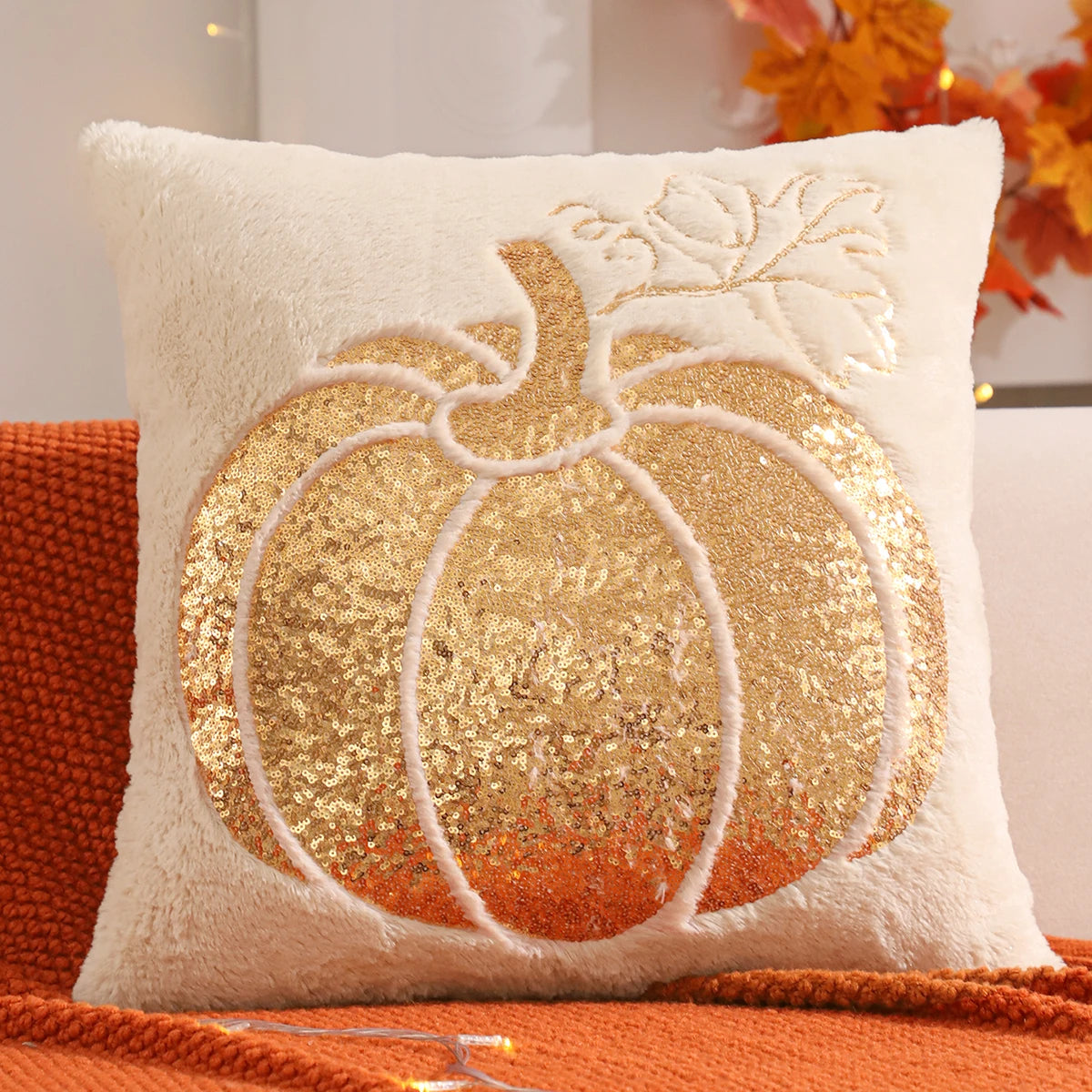 Halloween Pumpkin Gold Sequin Embroidered Plush Pillow Cover – Festive Throw Cushion for Sofa, Bed & Autumn Decor