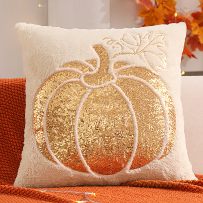 Halloween Pumpkin Gold Sequin Embroidered Plush Pillow Cover – Festive Throw Cushion for Sofa, Bed & Autumn Decor