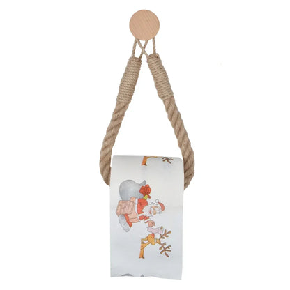 Decorative hanging pouch with cartoon characters on a white background. Boho rope toilet paper holder, nail-free wall mounted paper towel rack, rustic bathroom storage and decor accessory with wood and rope design