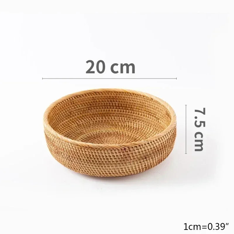 Woven basket with dimensions labeled on a white background boho home decor, rattan basket, handwoven wicker basket, fruit storage box, bread basket, picnic basket, natural storage bin, tea storage box, rustic home organization, farmhouse decor, housewarming gift, boho storage basket