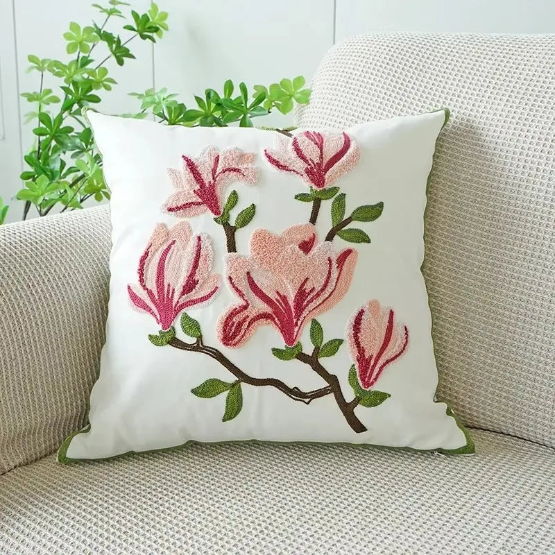 Embroidered Flower Throw Pillow Covers – Boho Cotton Cushion Covers for Bed, Sofa & Home Decor Housewarming Gift for Boho Lover 
