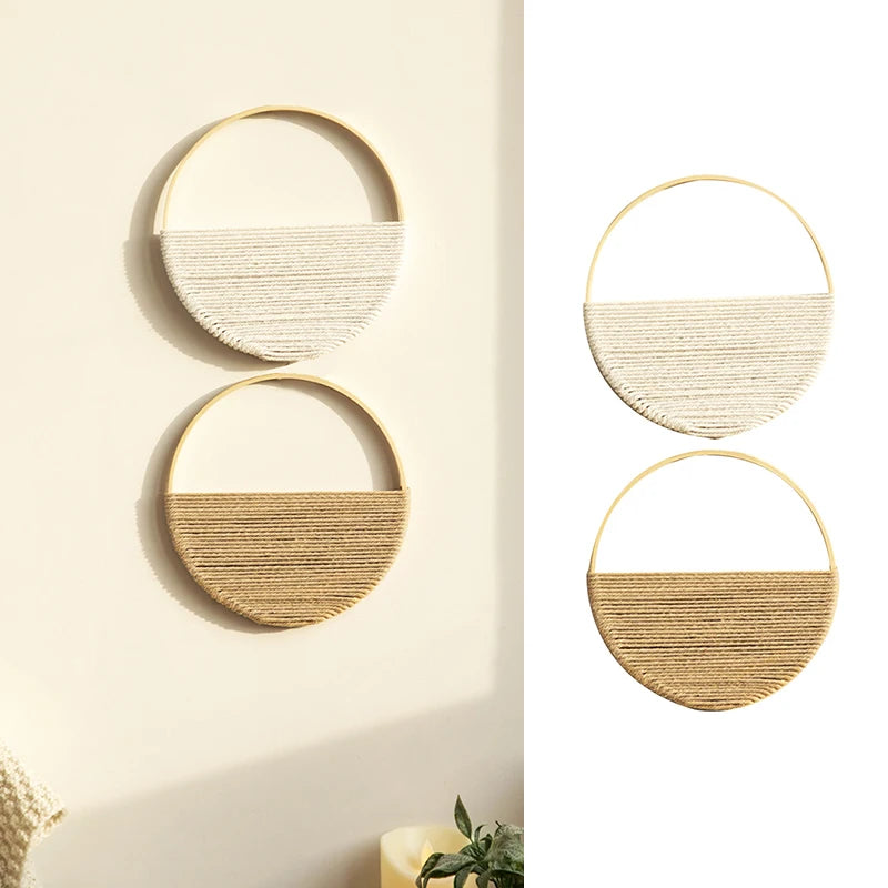 2Pcs Hand Woven Bohemian Wall Hanging Circular Wooden Cotton Rope Wall Decor Art Chic Bedroom Living Room Tapestries