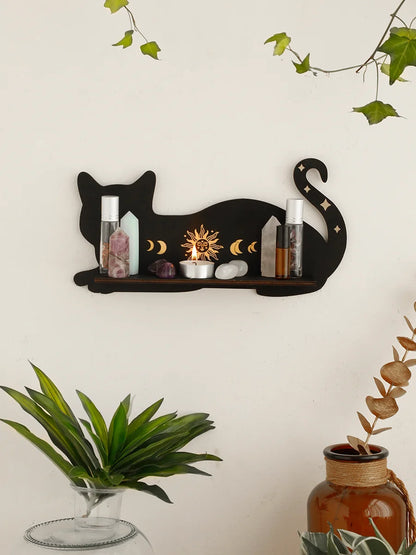 Black Cat Wooden Floating Shelf Moon Phase Chakra Crystal Stone Display Stand Wall Shelf Witch Home Decor Boho Room Decor Home Bedroom