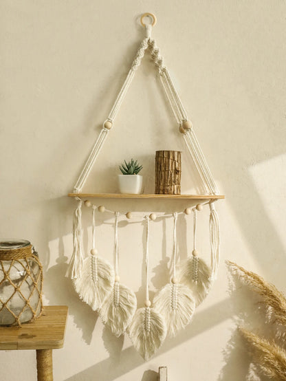 Boho Macrame Floating Wall Shelf with Leaf Tassels
