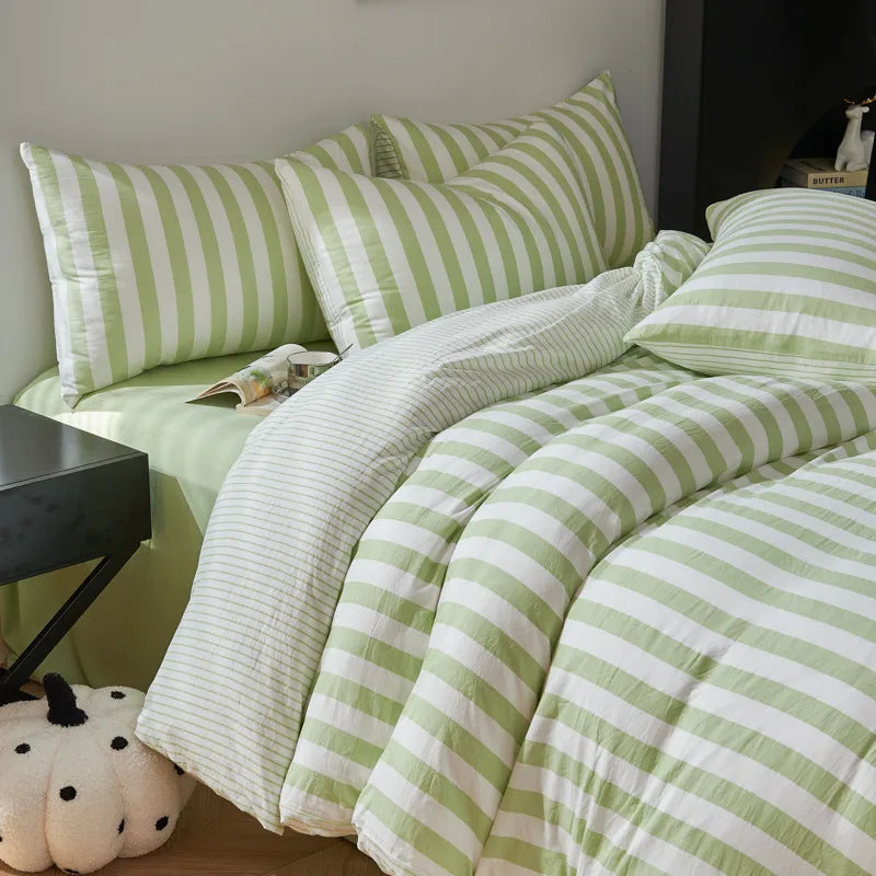 Lime Green Boho Striped Microfiber Bedding Set – 4-Piece Soft & Cozy Duvet Cover Set with Pillowcases & Flat Sheet