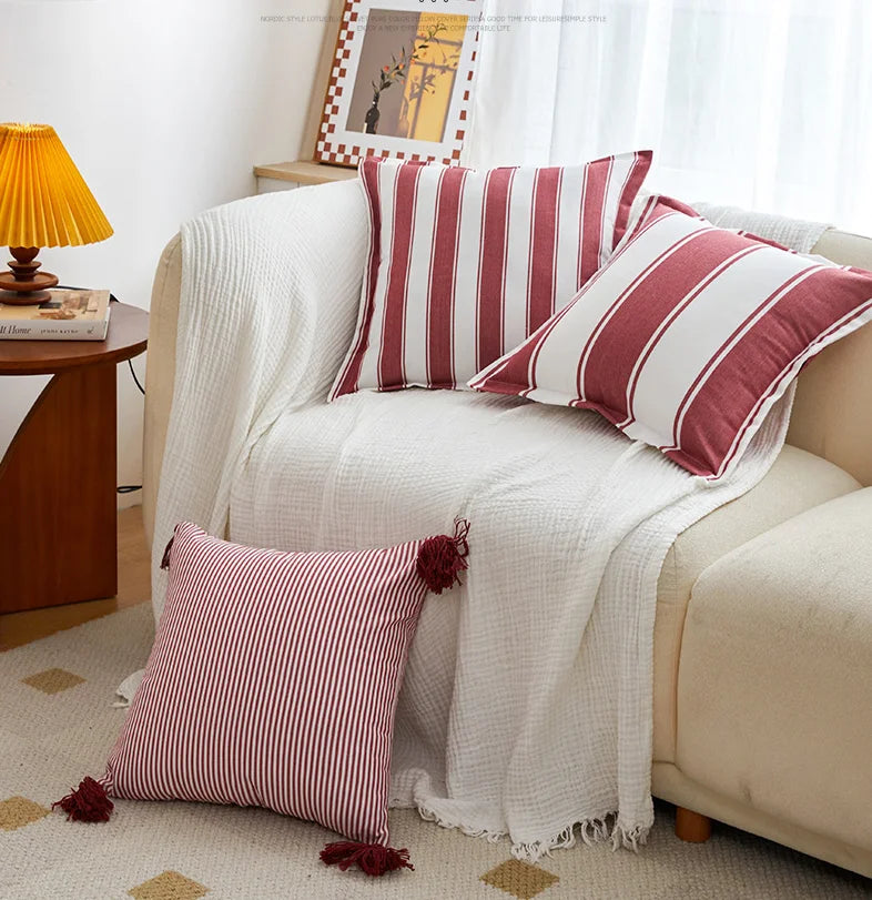 Classic Striped Cushion Cover 45x45cm Hawthorn Red Ivory Fabric Pillow Cover Boho Home Decoration Decor Pillowcase Tassels