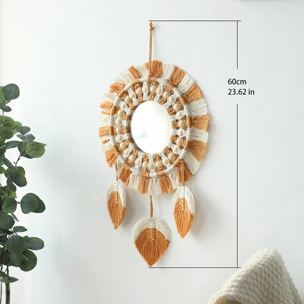 Boho Leaf Macrame Wall Mirror – Round Decorative Mirror with Fringe for Boho Home Decor
